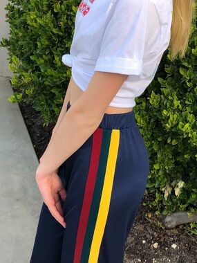Urban Outfitters Navy Track Joggers with Yellow, Green & Red Side Stripes